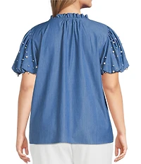 Calessa Plus Size Knit Split V-Neck Beaded Short Puff Balloon Sleeve Tunic