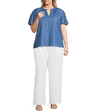 Calessa Plus Size Knit Split V-Neck Beaded Short Puff Balloon Sleeve Tunic