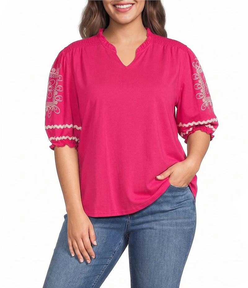 Calessa Plus Size Knit Split V-Neck Embroidered Elbow Length Balloon Sleeve Blouse