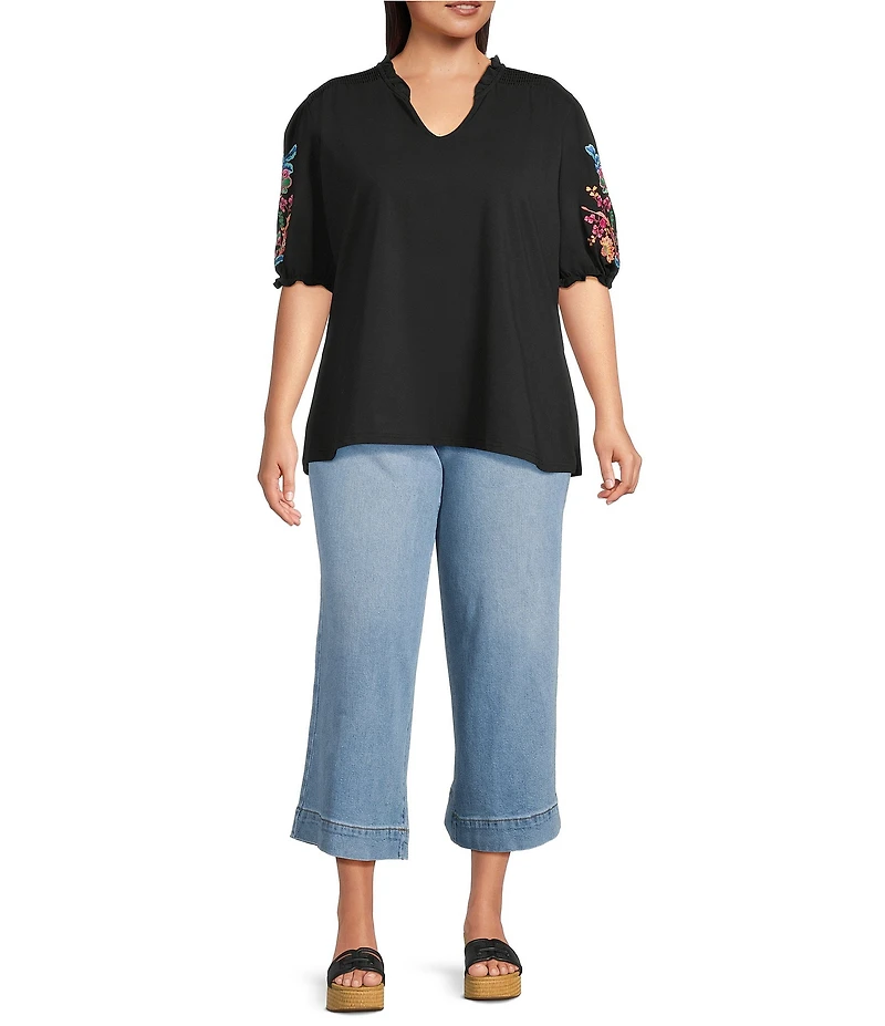 Calessa Plus Size Knit Split V-Neck Embroidered Elbow Length Sleeve Top