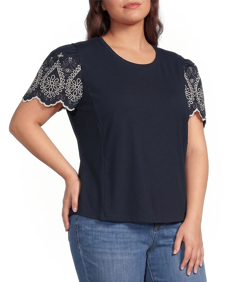 Calessa Plus Size Knit Stretch Crew Neck Embroidered Short Sleeve Top