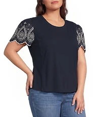 Calessa Plus Size Knit Stretch Crew Neck Embroidered Short Sleeve Top