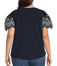 Calessa Plus Size Knit Stretch Crew Neck Embroidered Short Sleeve Top