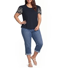 Calessa Plus Size Knit Stretch Crew Neck Embroidered Short Sleeve Top