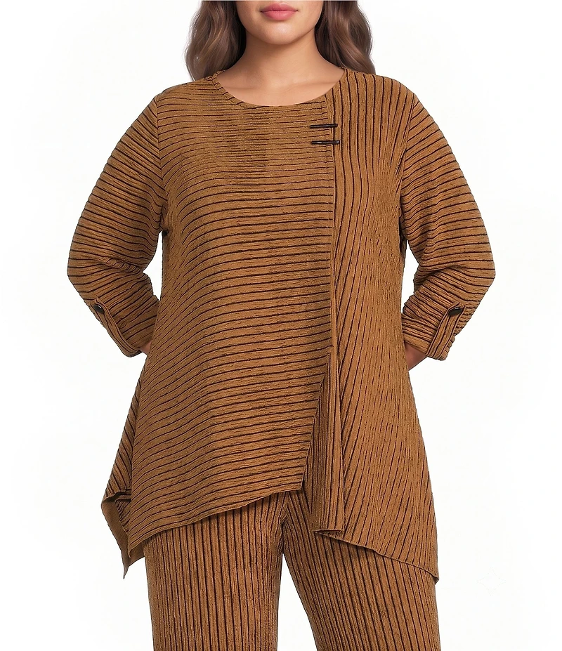 Calessa Plus Size Knit Stripe Crew Neck 3/4 Sleeve Asymmetric Hem Tunic