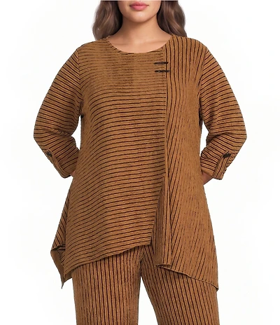 Calessa Plus Size Knit Stripe Crew Neck 3/4 Sleeve Asymmetric Hem Tunic