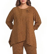 Calessa Plus Size Knit Stripe Crew Neck 3/4 Sleeve Asymmetric Hem Tunic