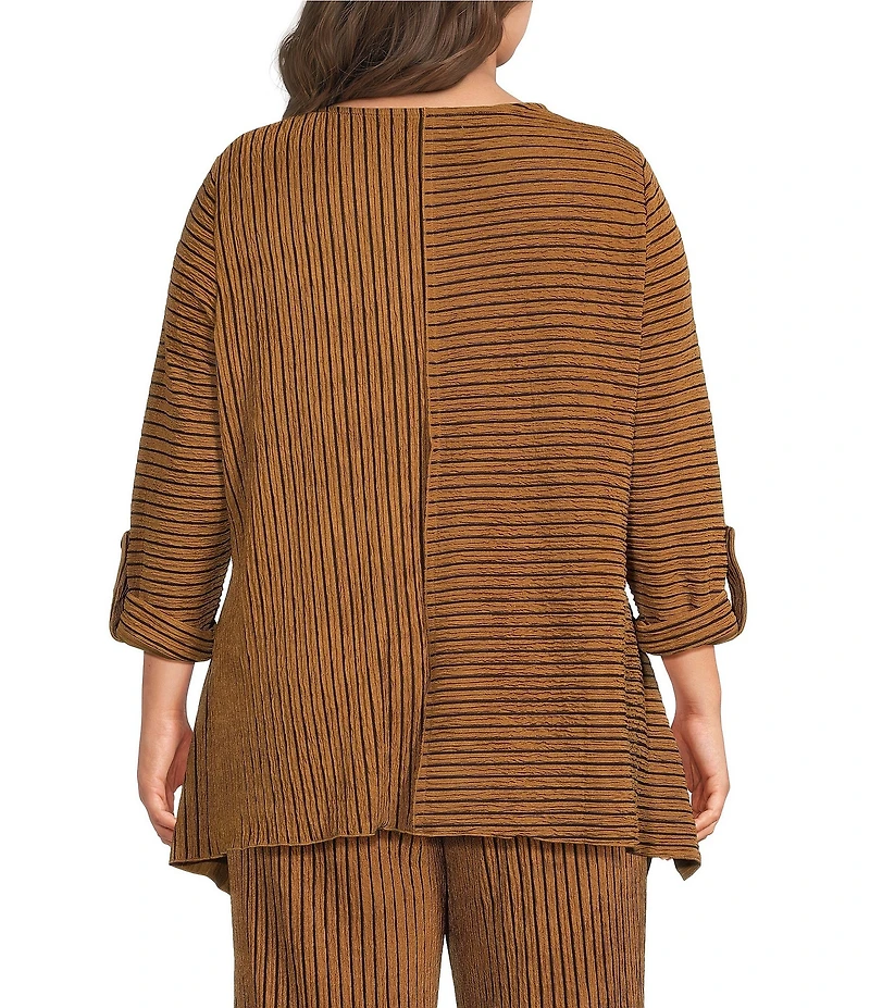 Calessa Plus Size Knit Stripe Crew Neck 3/4 Sleeve Asymmetric Hem Tunic