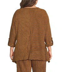 Calessa Plus Size Knit Stripe Crew Neck 3/4 Sleeve Asymmetric Hem Tunic