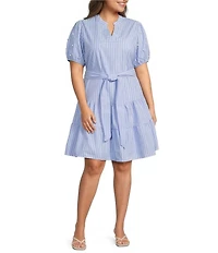 Calessa Plus Size Knit Stripe Split V-Neck Beaded Short Balloon Sleeve A-Line Belted Dress