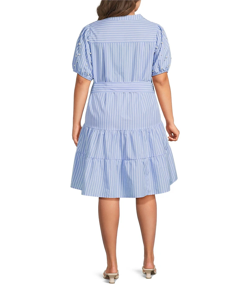 Calessa Plus Size Knit Stripe Split V-Neck Beaded Short Balloon Sleeve A-Line Belted Dress