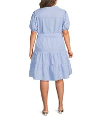 Calessa Plus Size Knit Stripe Split V-Neck Beaded Short Balloon Sleeve A-Line Belted Dress