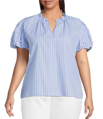 Calessa Plus Size Knit Stripe Split V-Neck Beaded Short Balloon Sleeve Tunic