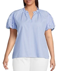 Calessa Plus Size Knit Stripe Split V-Neck Beaded Short Balloon Sleeve Tunic