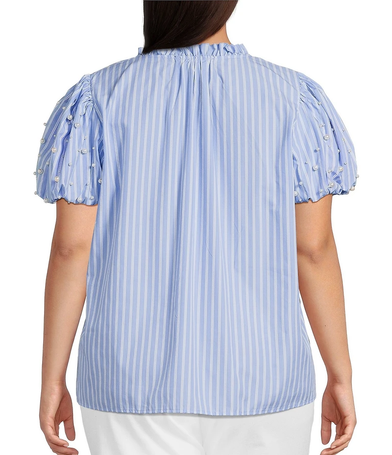 Calessa Plus Size Knit Stripe Split V-Neck Beaded Short Balloon Sleeve Tunic