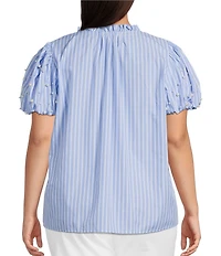 Calessa Plus Size Knit Stripe Split V-Neck Beaded Short Balloon Sleeve Tunic