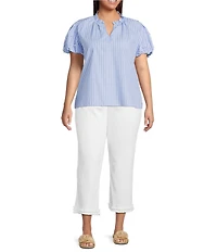 Calessa Plus Size Knit Stripe Split V-Neck Beaded Short Balloon Sleeve Tunic