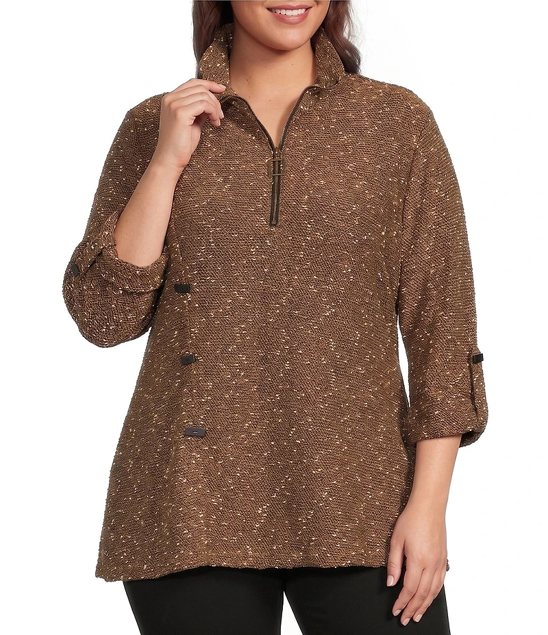 Calessa Plus Size Knit Texture Zip Mock Neck 3/4 Roll-Tab Sleeve Tunic