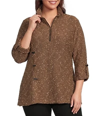 Calessa Plus Size Knit Texture Zip Mock Neck 3/4 Roll-Tab Sleeve Tunic