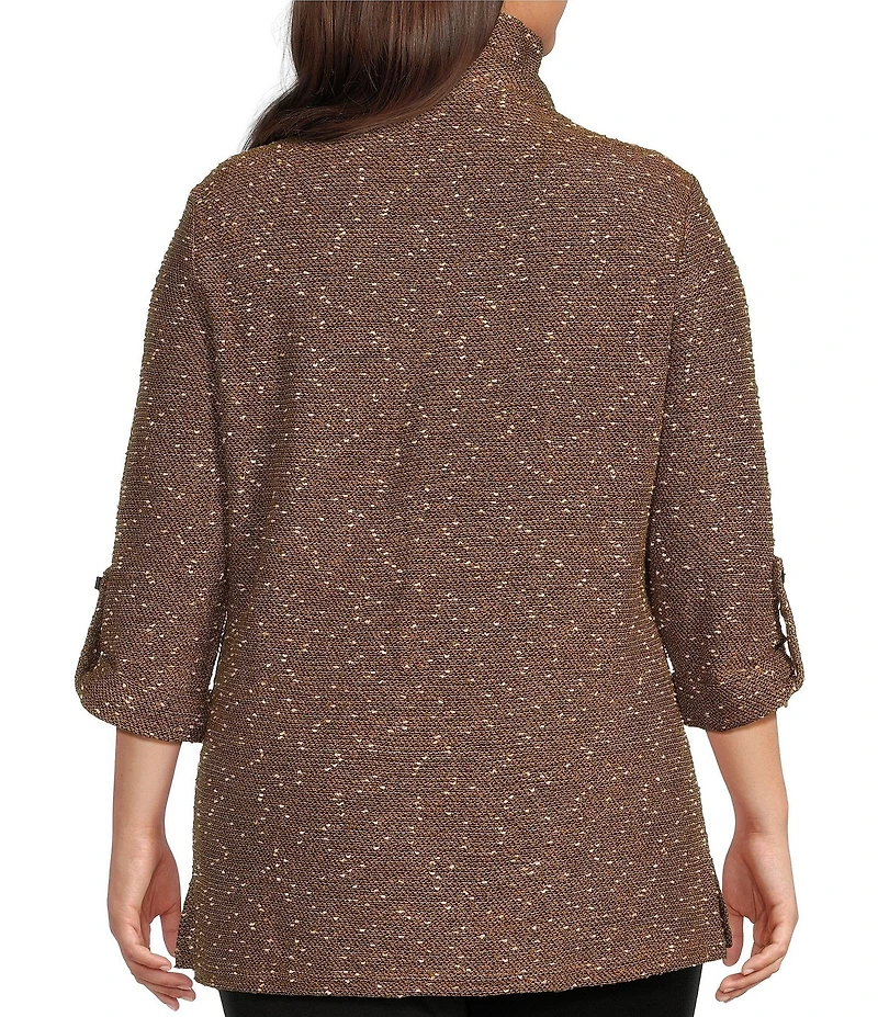 Calessa Plus Size Knit Texture Zip Mock Neck 3/4 Roll-Tab Sleeve Tunic