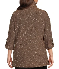 Calessa Plus Size Knit Texture Zip Mock Neck 3/4 Roll-Tab Sleeve Tunic