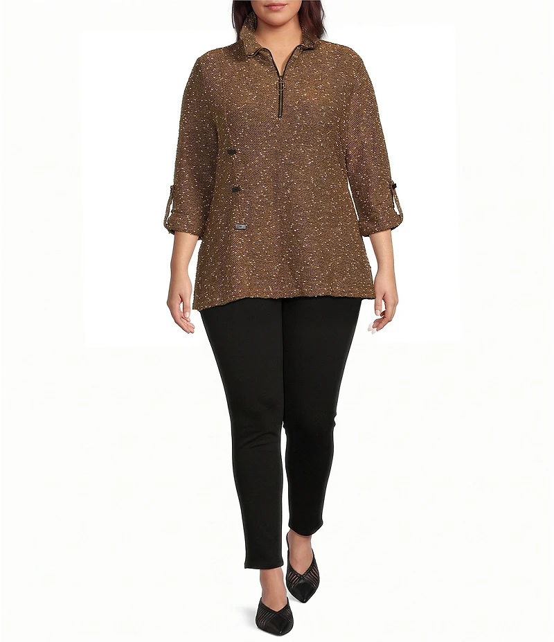 Calessa Plus Size Knit Texture Zip Mock Neck 3/4 Roll-Tab Sleeve Tunic