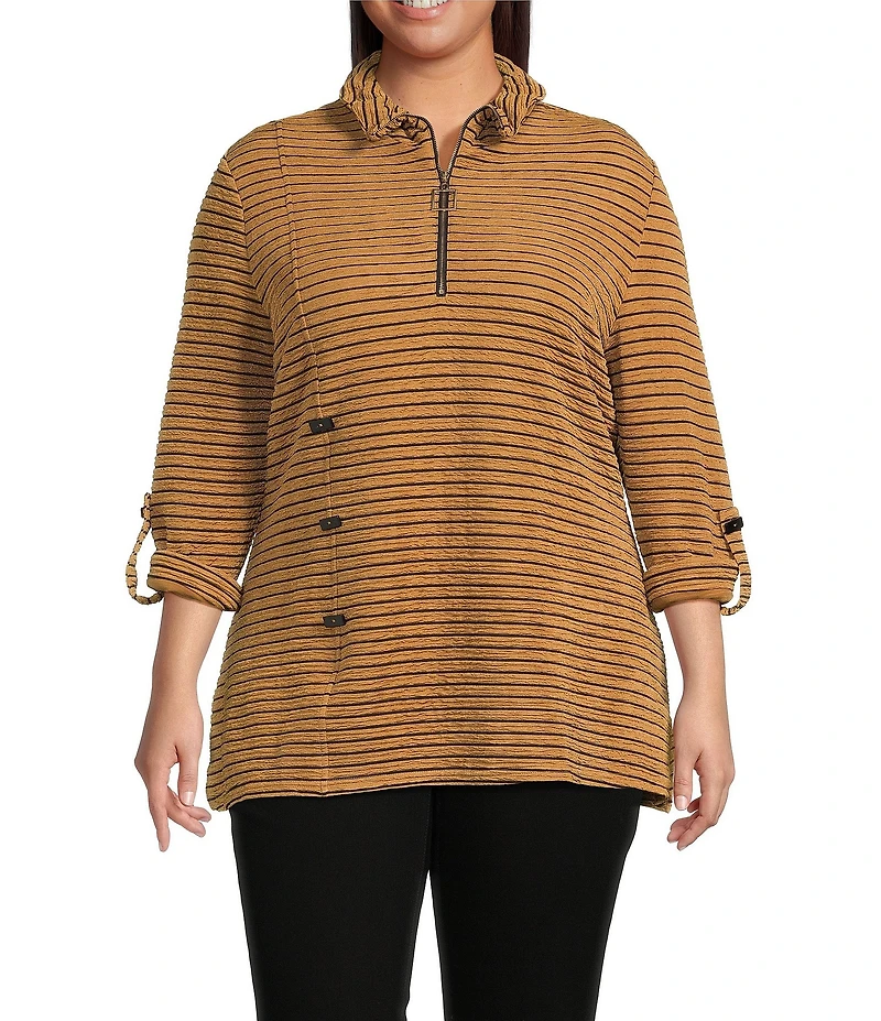 Calessa Plus Size Knit Textured Artist Wire Collar Zip Front 3/4 Sleeve Tunic