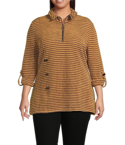 Calessa Plus Size Knit Textured Artist Wire Collar Zip Front 3/4 Sleeve Tunic