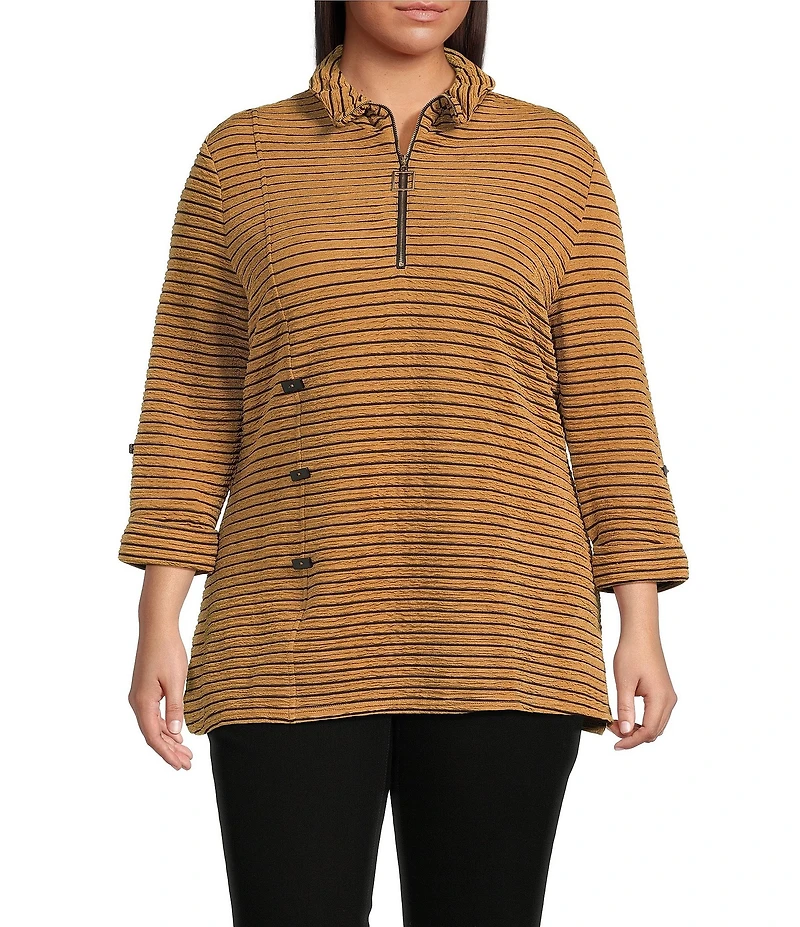 Calessa Plus Size Knit Textured Artist Wire Collar Zip Front 3/4 Sleeve Tunic