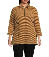 Calessa Plus Size Knit Textured Artist Wire Collar Zip Front 3/4 Sleeve Tunic