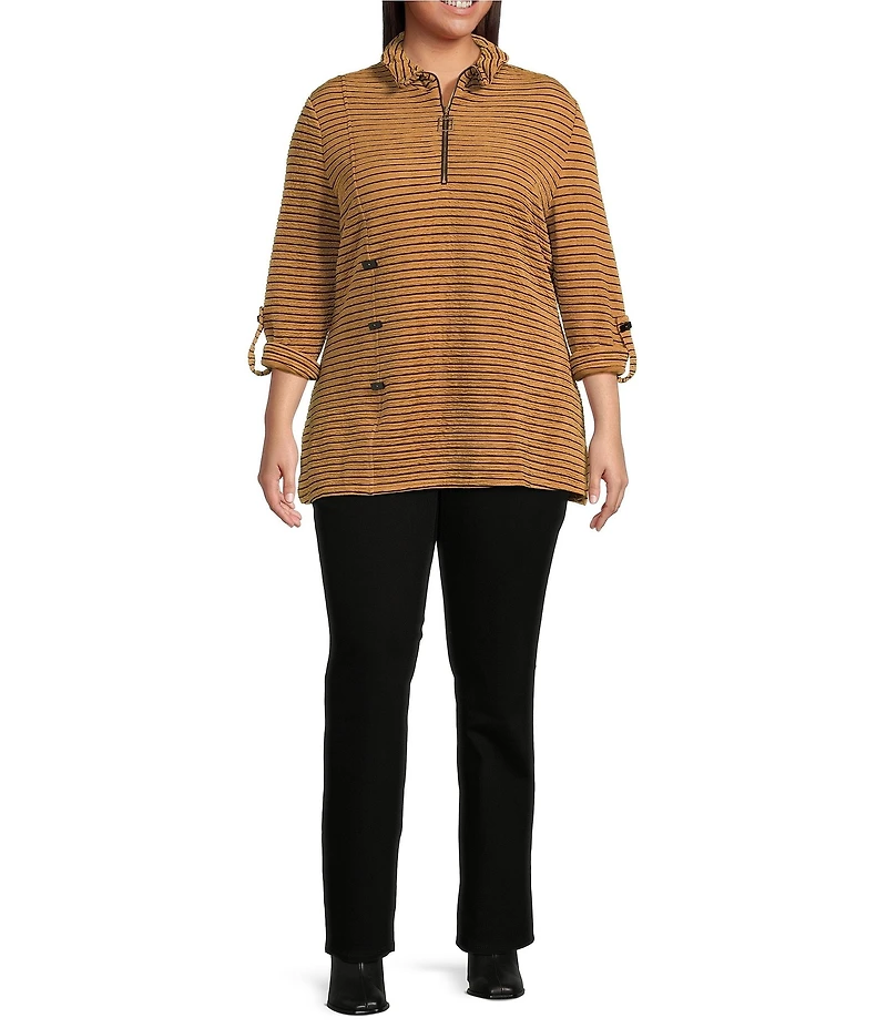 Calessa Plus Size Knit Textured Artist Wire Collar Zip Front 3/4 Sleeve Tunic