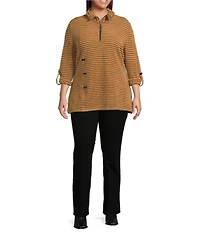 Calessa Plus Size Knit Textured Artist Wire Collar Zip Front 3/4 Sleeve Tunic