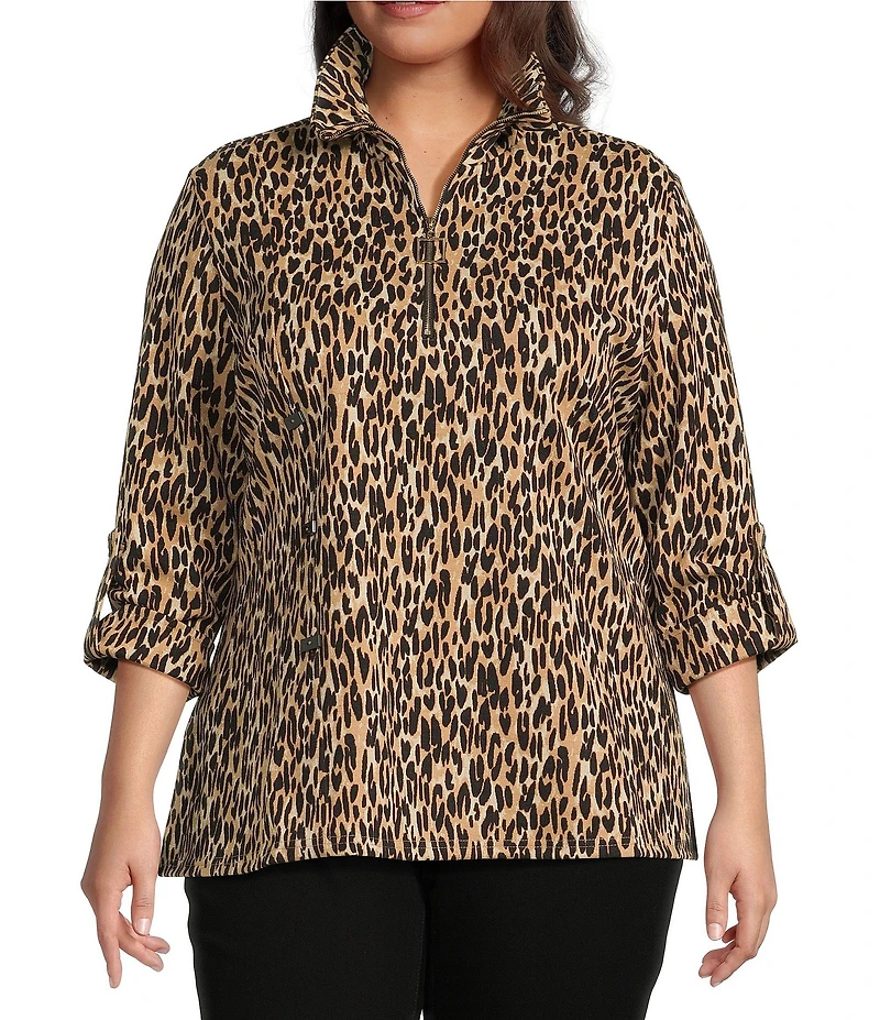 Calessa Plus Size Knit Textured Leopard Print Wire Collar Zip Front 3/4 Sleeve Tunic