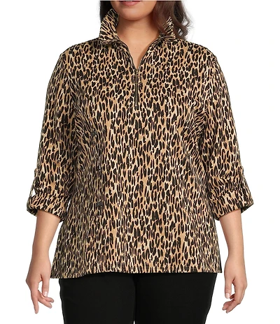 Calessa Plus Size Knit Textured Leopard Print Wire Collar Zip Front 3/4 Sleeve Tunic