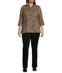 Calessa Plus Size Knit Textured Leopard Print Wire Collar Zip Front 3/4 Sleeve Tunic