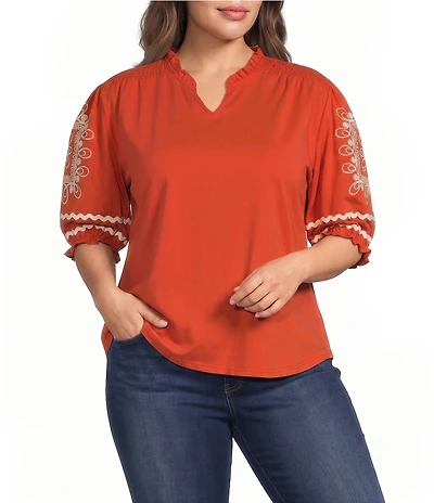 Calessa Plus Size Knit V-Neck Embroidered Elbow Puff Sleeve Top