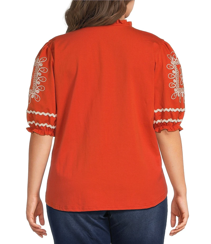 Calessa Plus Size Knit V-Neck Embroidered Elbow Puff Sleeve Top