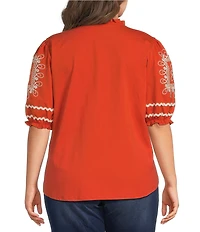 Calessa Plus Size Knit V-Neck Embroidered Elbow Puff Sleeve Top