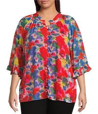 Calessa Plus Size Mesh Abstract Print Split V-Neck Long Sleeve Button Front Tunic