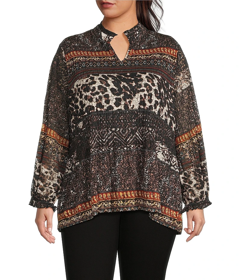 Calessa Plus Size Mesh Animal Border Print Split V-Neck 3/4 Sleeve Tunic