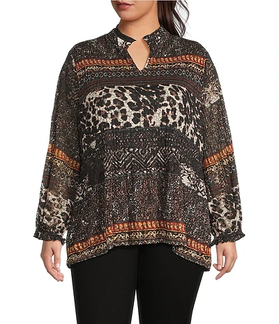 Calessa Plus Size Mesh Animal Border Print Split V-Neck 3/4 Sleeve Tunic