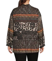 Calessa Plus Size Mesh Animal Border Print Split V-Neck 3/4 Sleeve Tunic