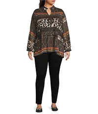 Calessa Plus Size Mesh Animal Border Print Split V-Neck 3/4 Sleeve Tunic