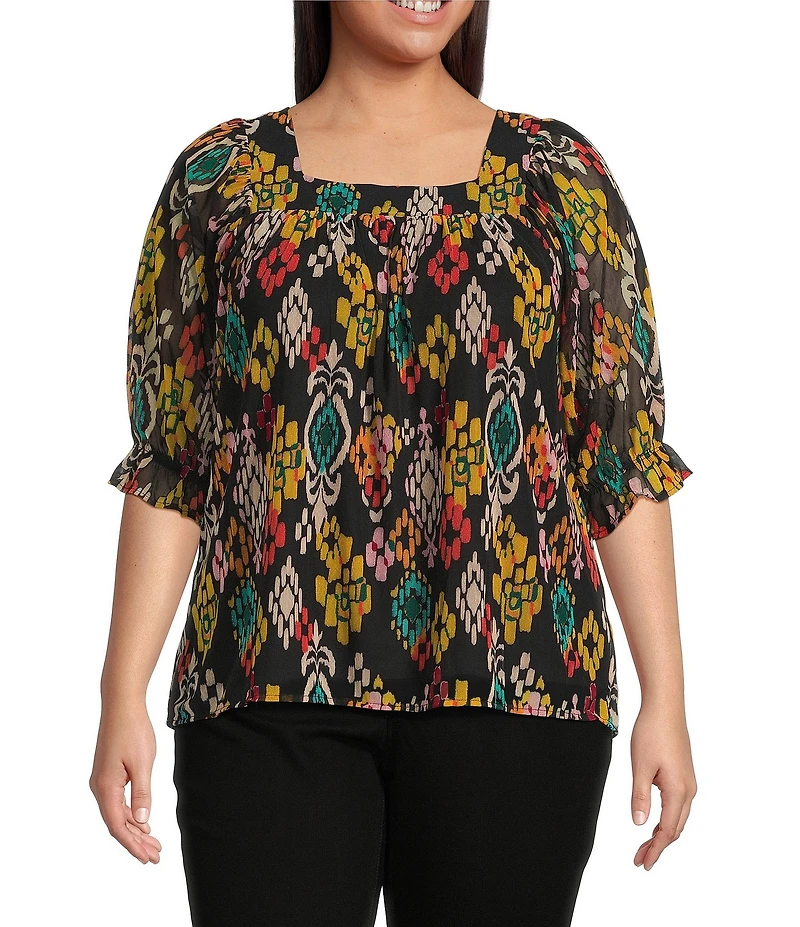 Calessa Plus Size Mesh Knit Abstract Ikat Print Square Neck Elbow Sleeve Tunic