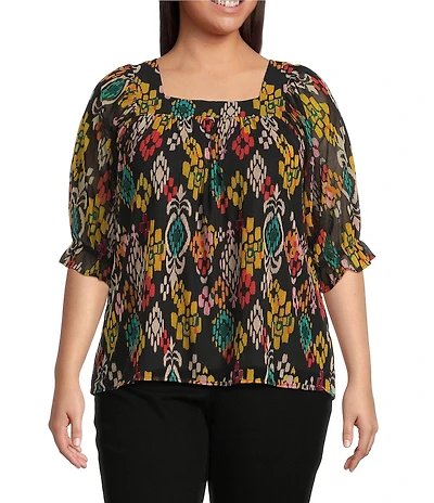 Calessa Plus Size Mesh Knit Abstract Ikat Print Square Neck Elbow Sleeve Tunic