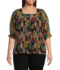 Calessa Plus Size Mesh Knit Abstract Ikat Print Square Neck Elbow Sleeve Tunic