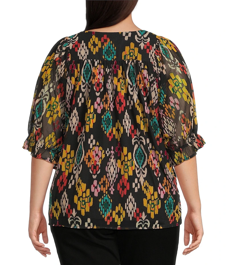 Calessa Plus Size Mesh Knit Abstract Ikat Print Square Neck Elbow Sleeve Tunic