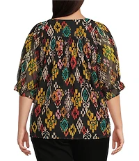 Calessa Plus Size Mesh Knit Abstract Ikat Print Square Neck Elbow Sleeve Tunic