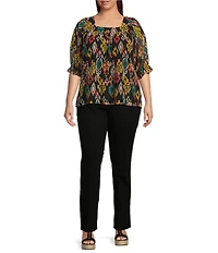 Calessa Plus Size Mesh Knit Abstract Ikat Print Square Neck Elbow Sleeve Tunic