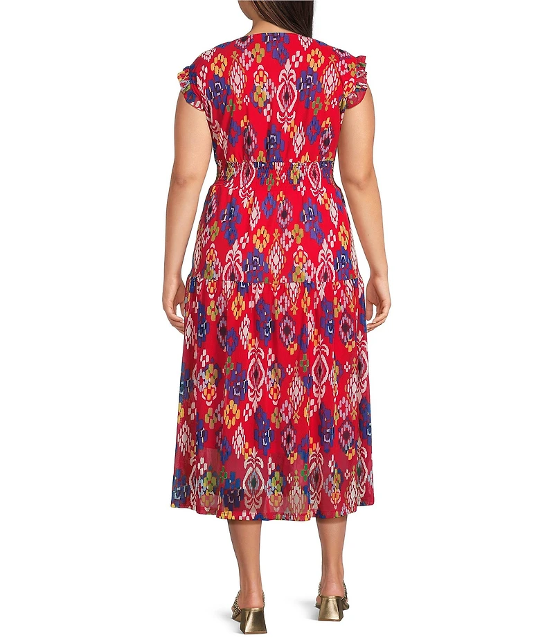 Calessa Plus Size Mesh Knit Abstract Ikat Print V-Neck Cap Sleeve Midi Dress